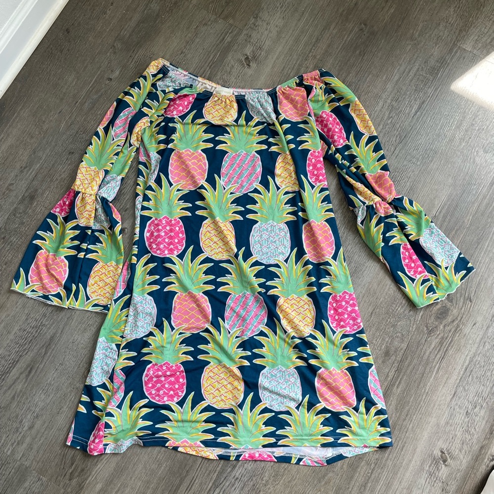 Simply Southern Women’s Large All Over Pineapple Print Off the Shoulder Dress